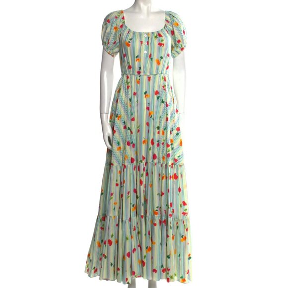 Caroline Constas Bardot Tiered Maxi Long Dress XS Green Stripe Floral Puff - Picture 1 of 5